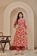 Women’s Floral Print A-Line Kurta Pant Dupatta Set with Embroidered Yoke