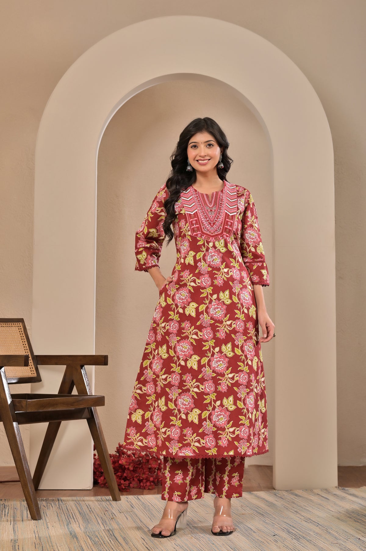 Women’s Floral Print A-Line Kurta Pant Dupatta Set with Embroidered Yoke