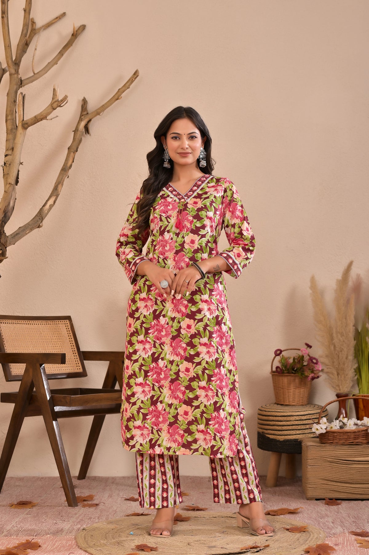Floral Printed Straight Kurta Pant Dupatta Set with Neckline Handwork