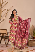 Floral Printed Straight Kurta Pant Dupatta Set with Neckline Handwork