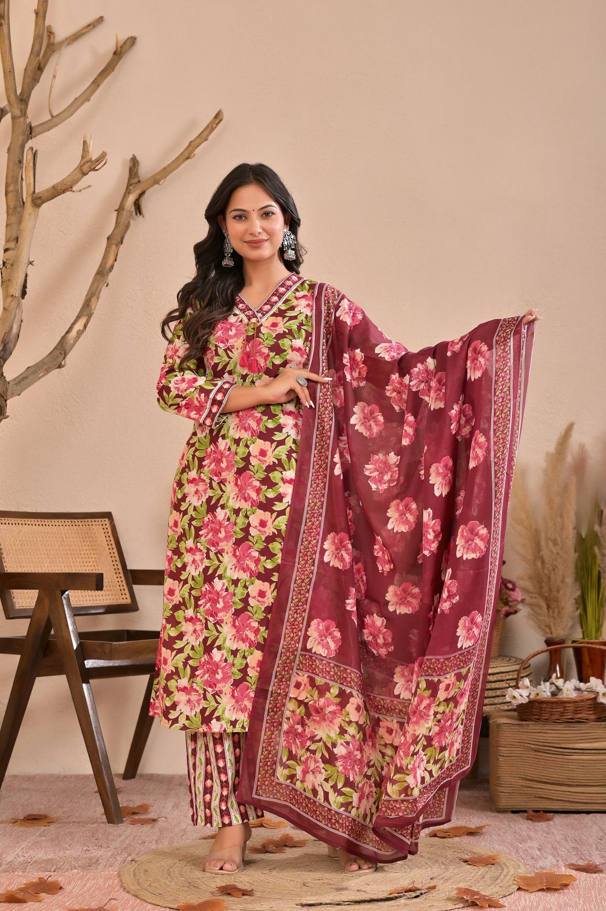 Floral Printed Straight Kurta Pant Dupatta Set with Neckline Handwork