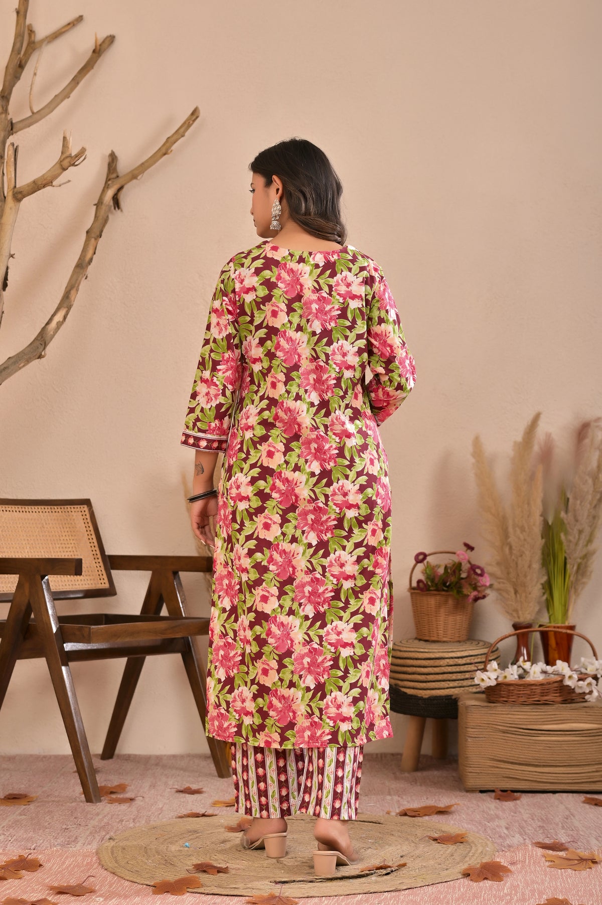Floral Printed Straight Kurta Pant Dupatta Set with Neckline Handwork
