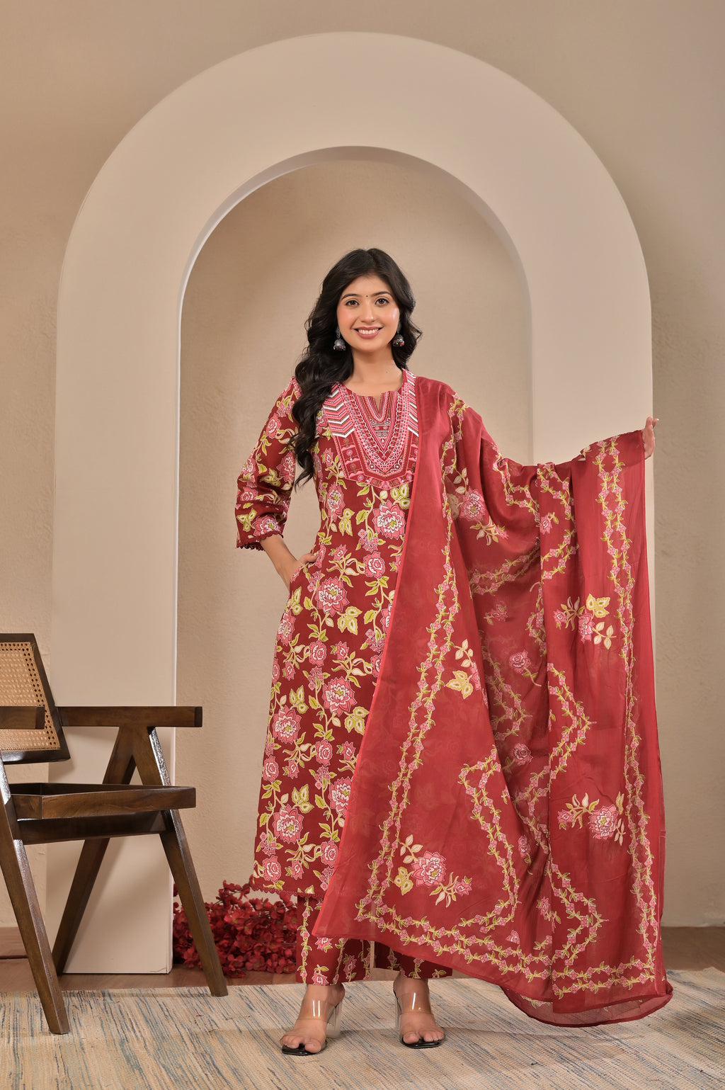 Women’s Floral Print A-Line Kurta Pant Dupatta Set with Embroidered Yoke