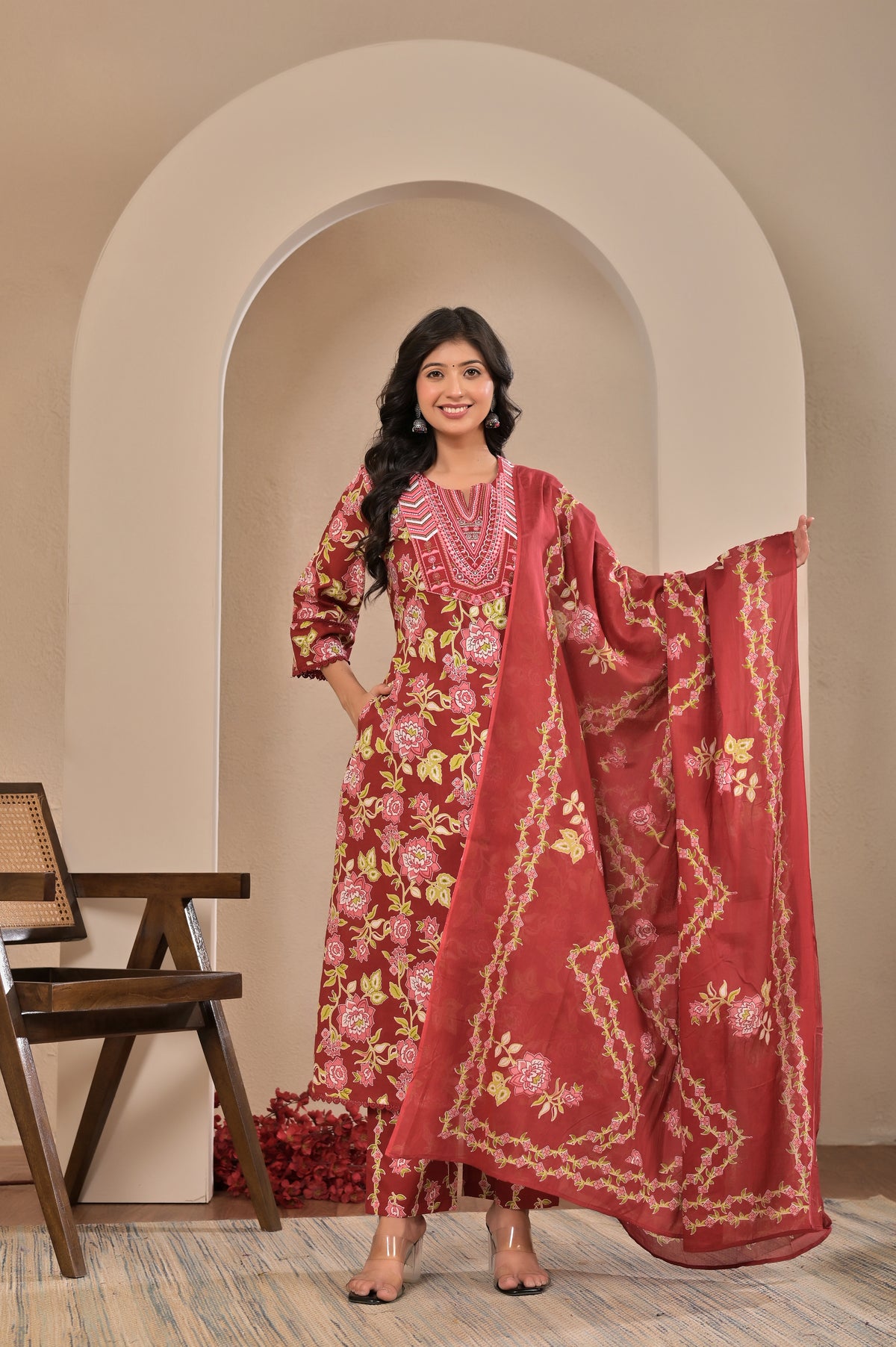 Women’s Floral Print A-Line Kurta Pant Dupatta Set with Embroidered Yoke