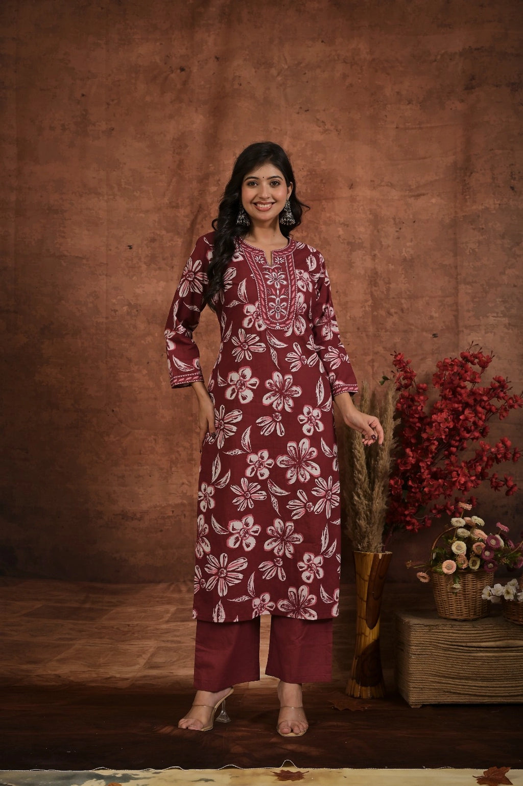 Women’s Printed Straight Kurta Set with Embroidered Yoke