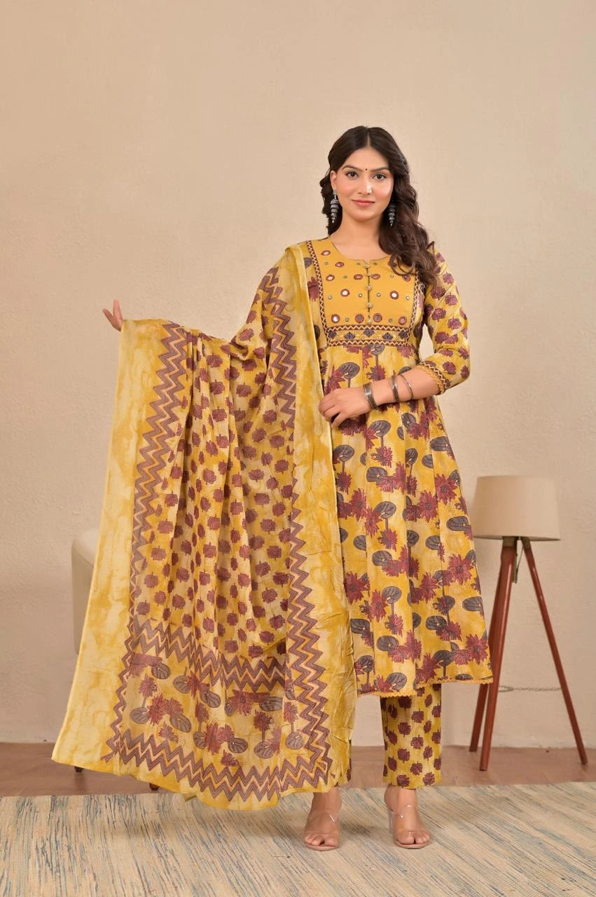 Women’s Anarkali Printed Kurta Set with Embroidered Yoke & Dupatta