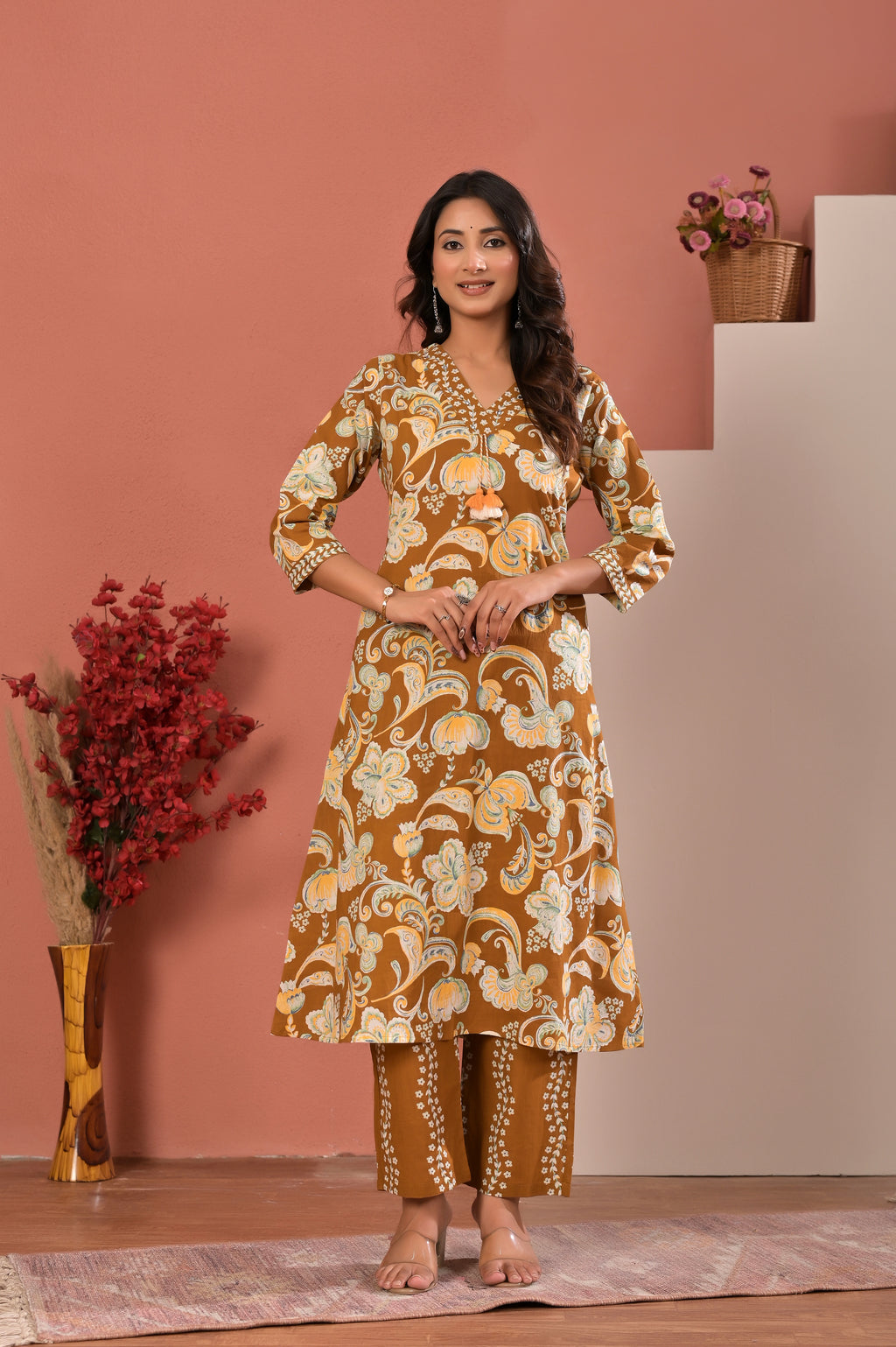Women’s Floral Print A-Line Kurta Pant Dupatta Set with Handwork
