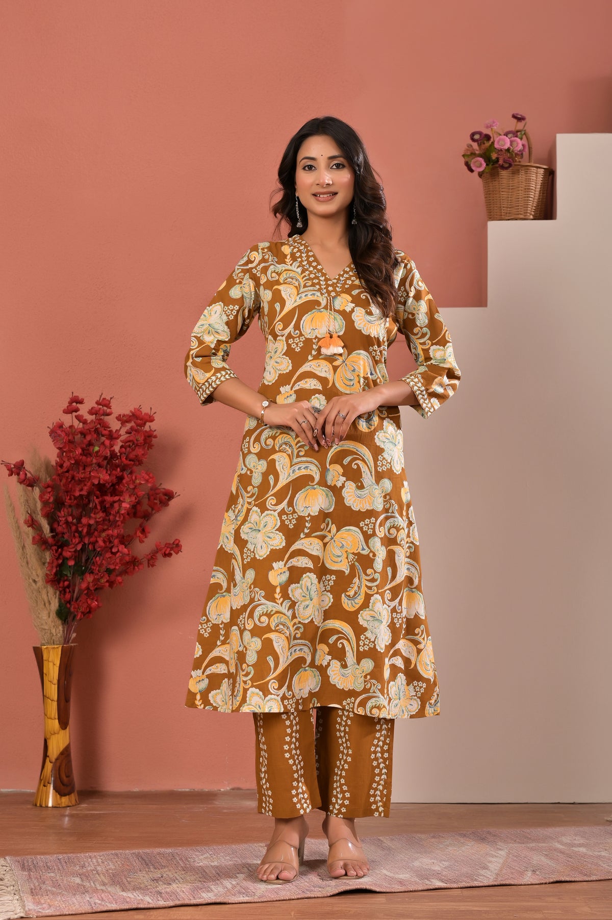 Women’s Floral Print A-Line Kurta Pant Dupatta Set with Handwork