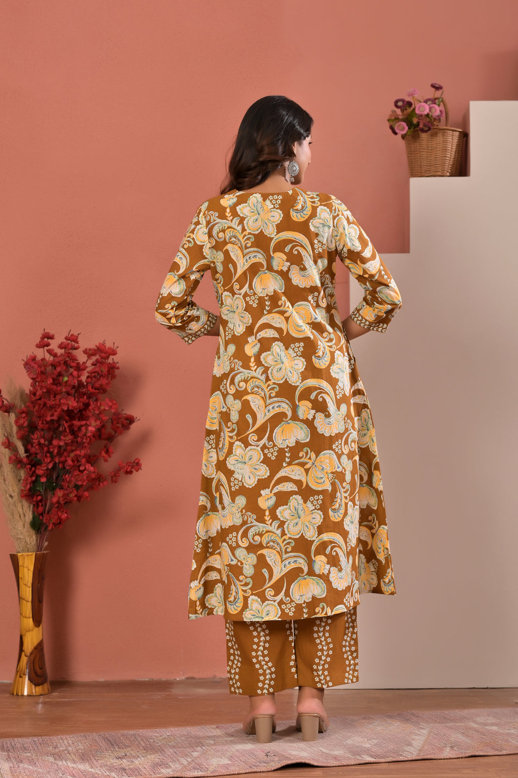 Women’s Floral Print A-Line Kurta Pant Dupatta Set with Handwork