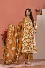 Women’s Floral Print A-Line Kurta Pant Dupatta Set with Handwork