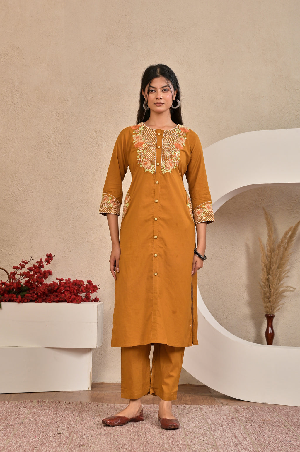 Women’s Embroidered Kurta Set with Floral Yoke & Button Detailing