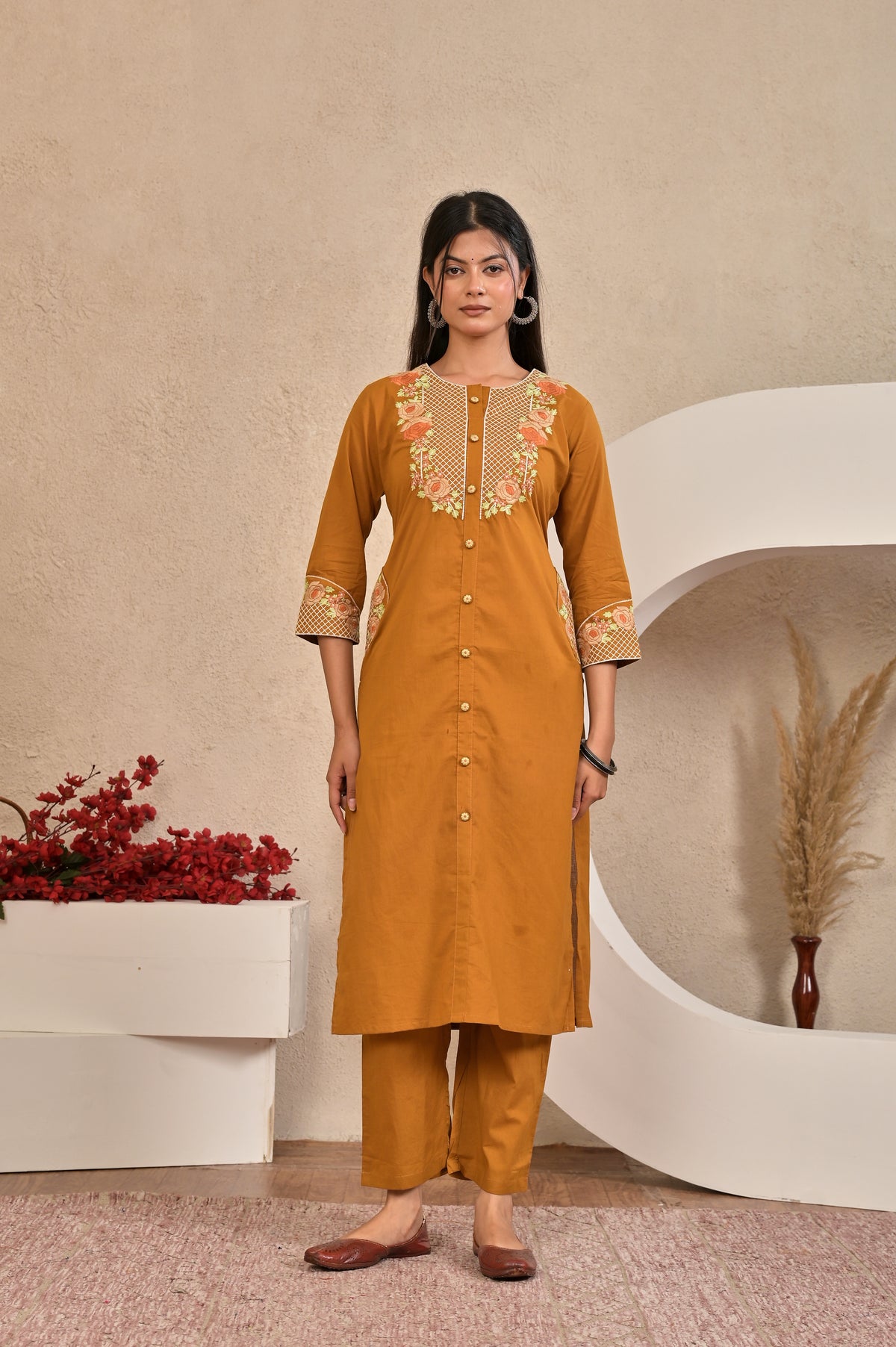Women’s Embroidered Kurta Set with Floral Yoke & Button Detailing
