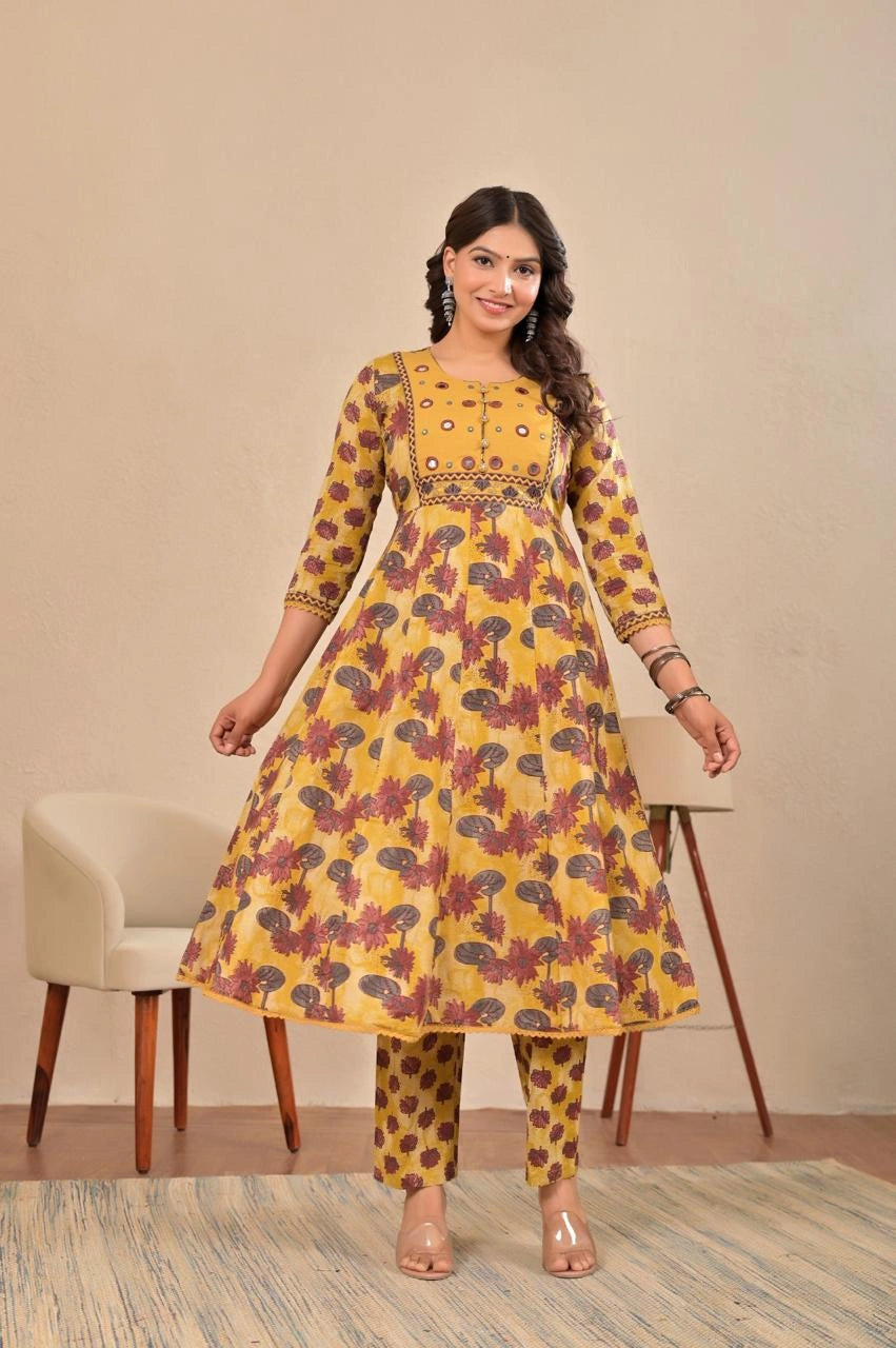 Women’s Anarkali Printed Kurta Set with Embroidered Yoke & Dupatta