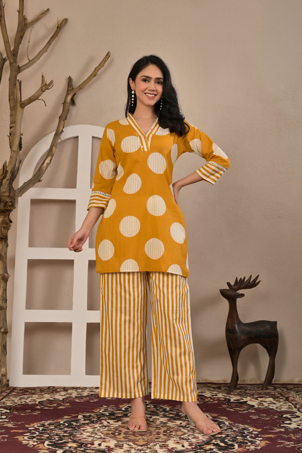 Women’s Geometric Printed Co-ord Set with Neckline Handwork