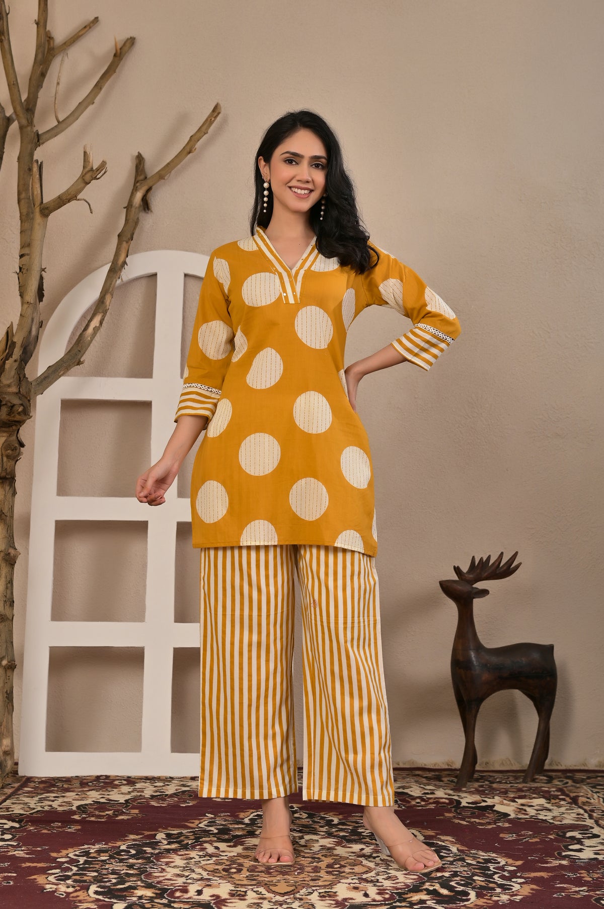 Women’s Geometric Printed Co-ord Set with Neckline Handwork