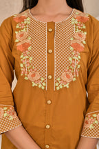 Women’s Embroidered Kurta Set with Floral Yoke & Button Detailing