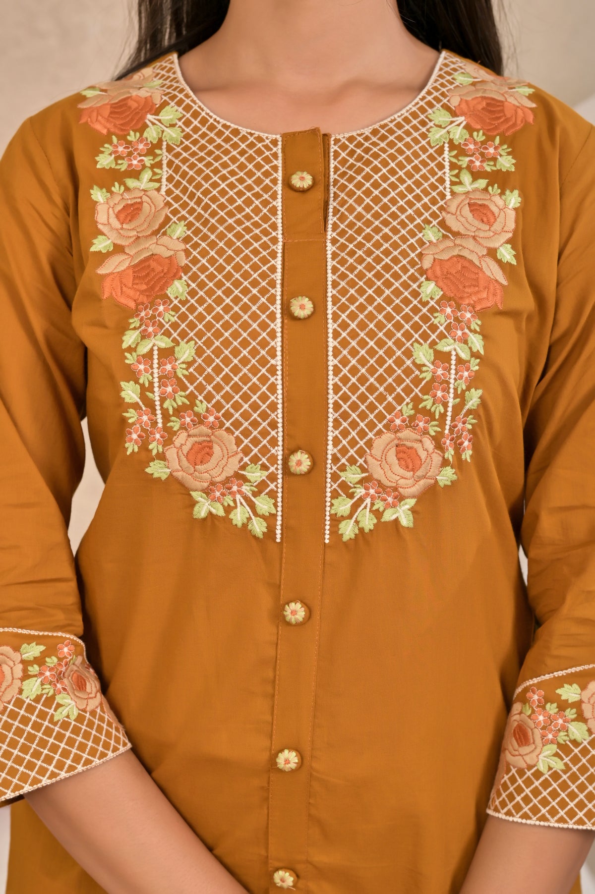Women’s Embroidered Kurta Set with Floral Yoke & Button Detailing