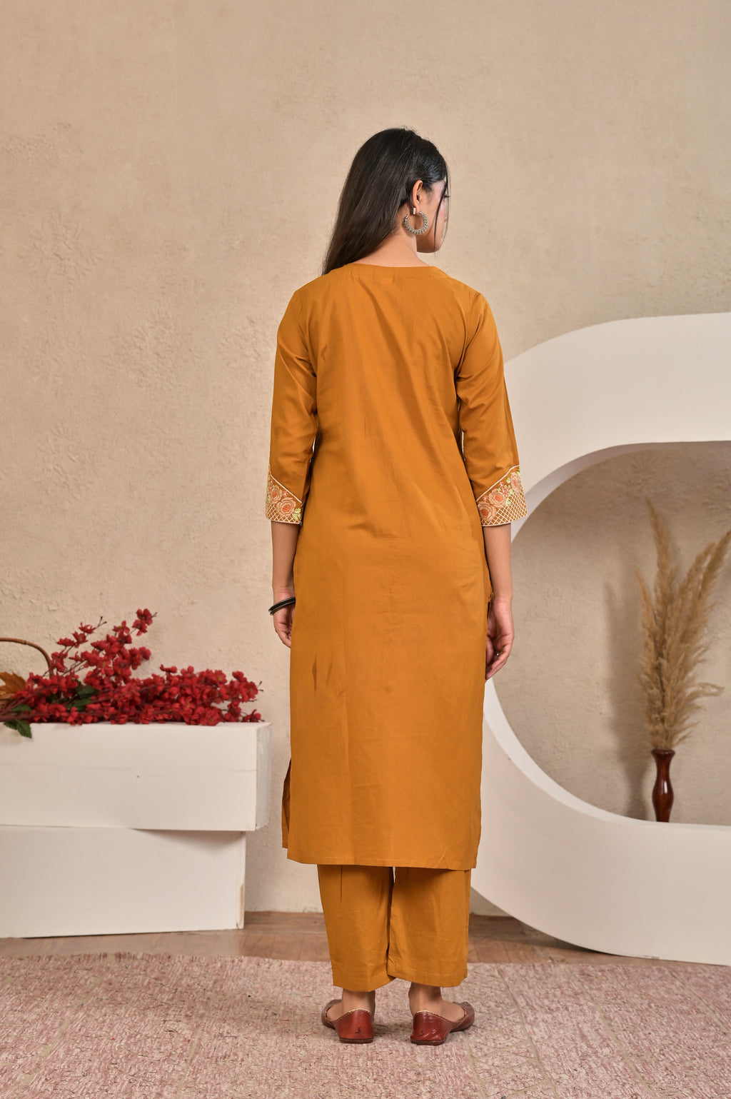 Women’s Embroidered Kurta Set with Floral Yoke & Button Detailing