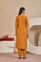 Women’s Embroidered Kurta Set with Floral Yoke & Button Detailing