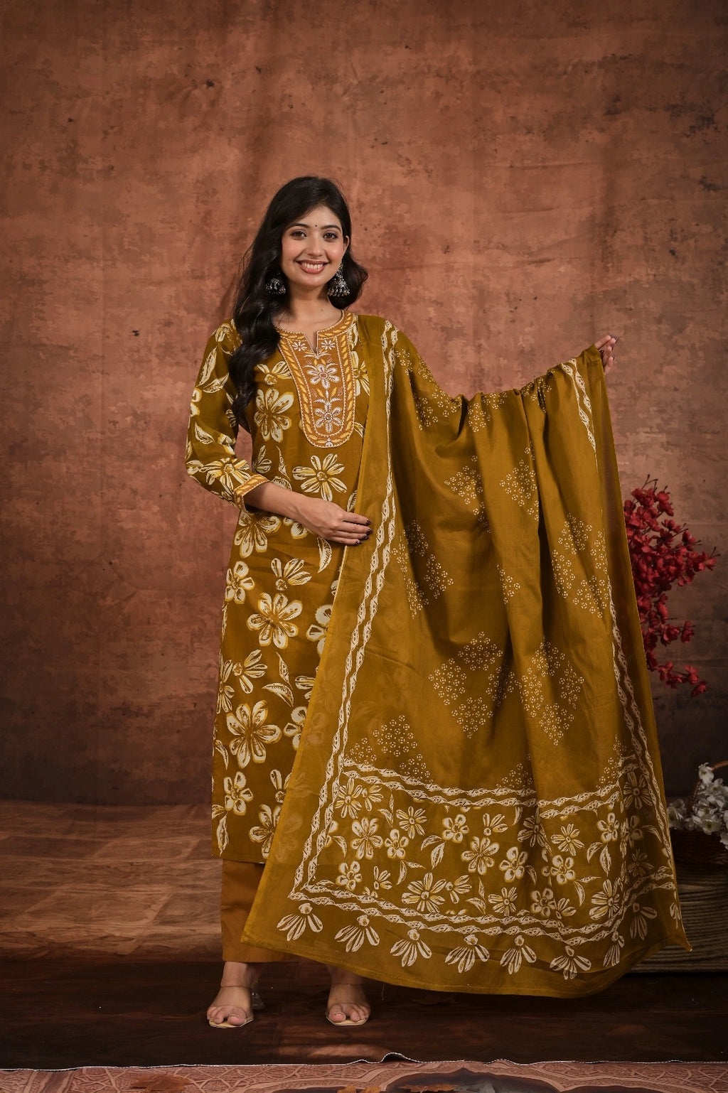 Women’s Printed Straight Kurta Set with Embroidered Yoke