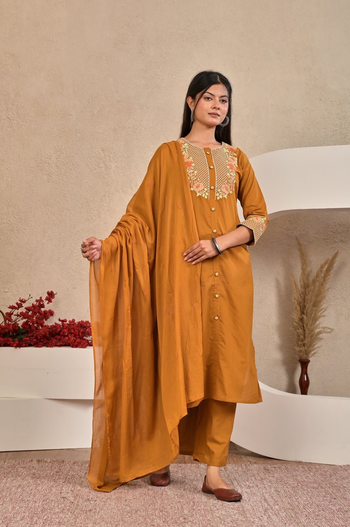 Women’s Embroidered Kurta Set with Floral Yoke & Button Detailing