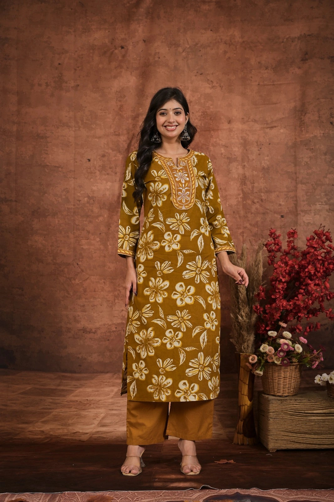 Women’s Printed Straight Kurta Set with Embroidered Yoke