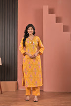 Women’s Straight Printed Kurta Pant Dupatta Set with Neckline Embroidery & Tassels
