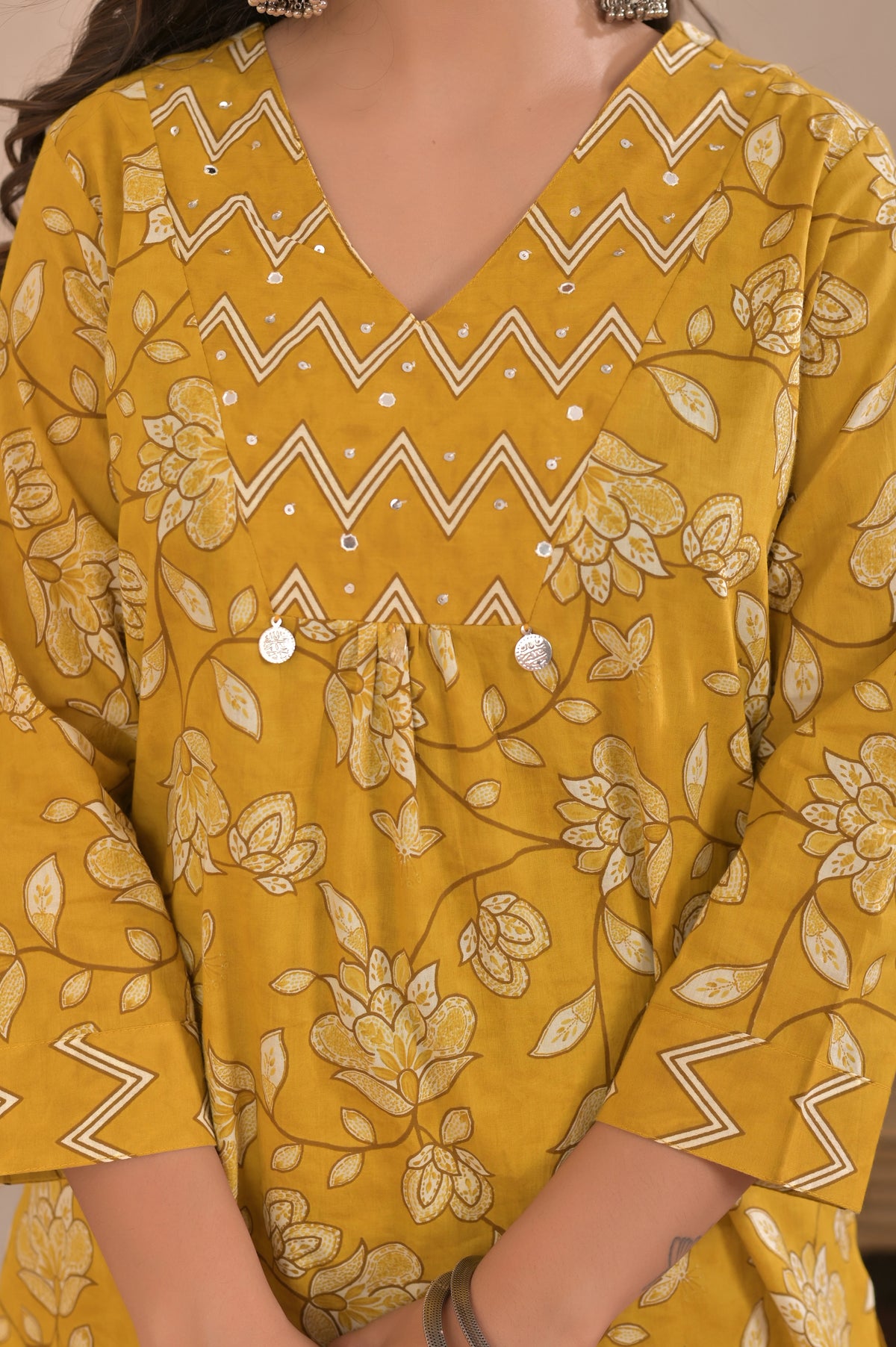 Women’s Straight Printed Kurta Pant Dupatta Set with Handworked Yoke & Tassels