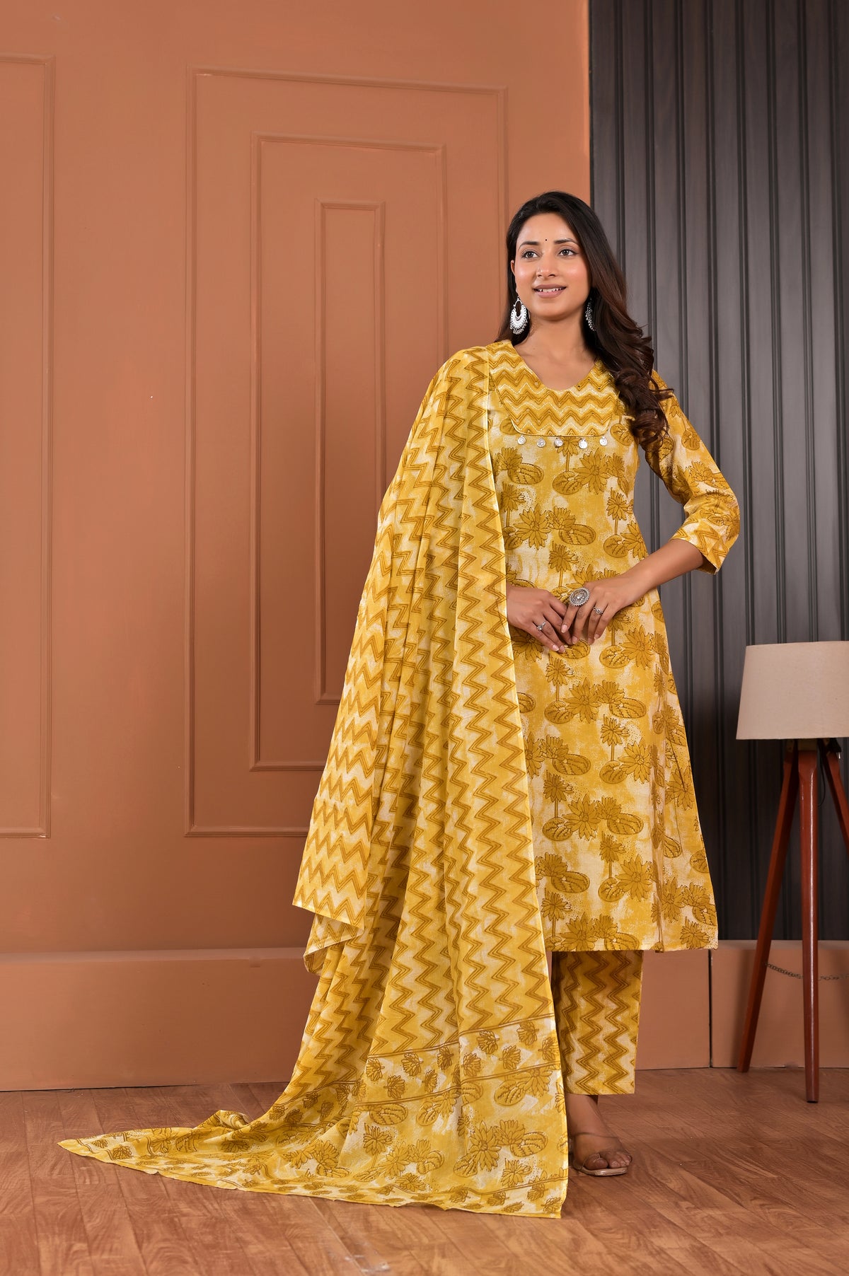 Women’s Printed A-Line Kurta Pant Dupatta Set with Handworked Neckline