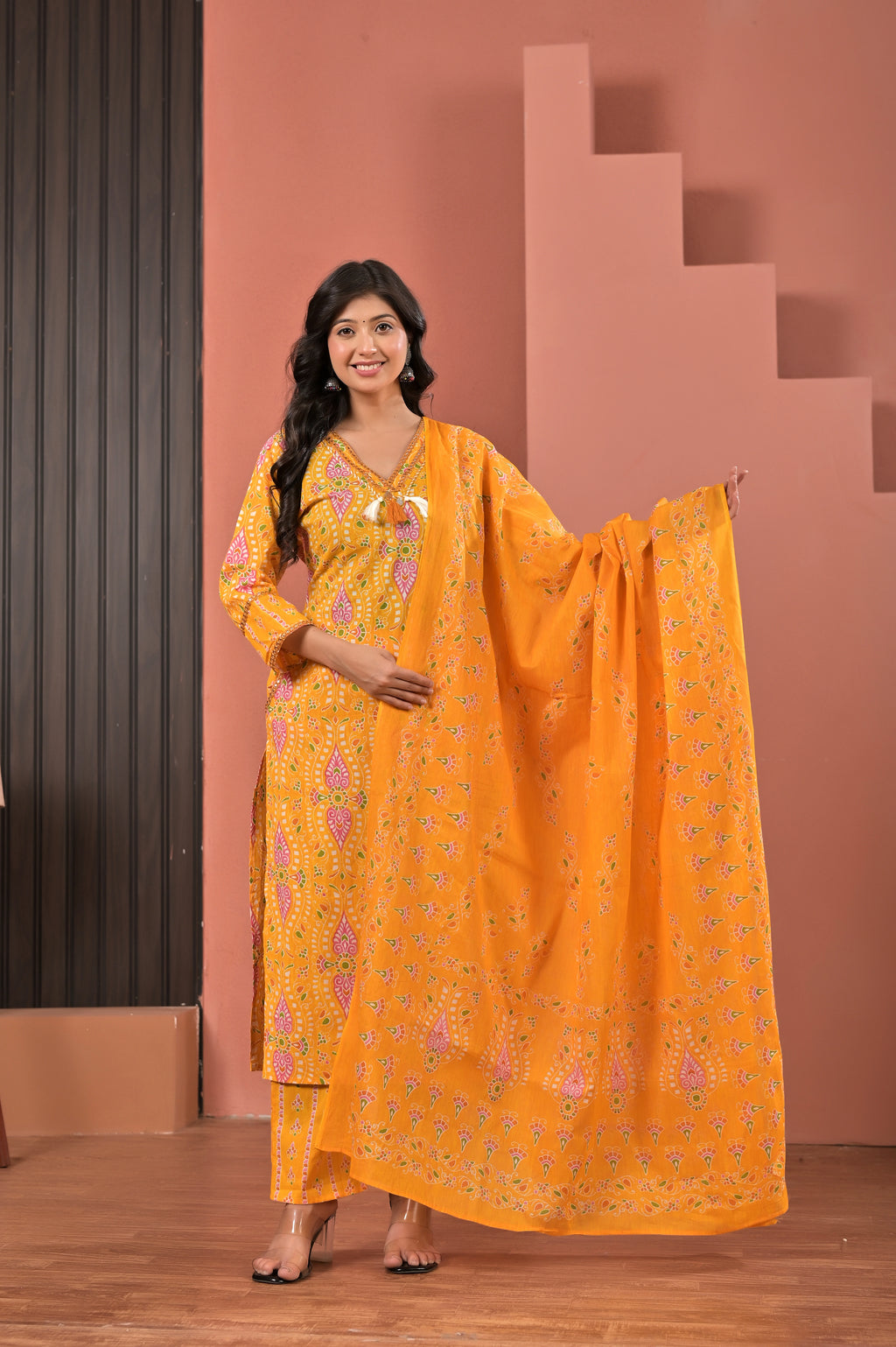 Women’s Straight Printed Kurta Pant Dupatta Set with Neckline Embroidery & Tassels