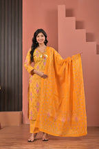 Women’s Straight Printed Kurta Pant Dupatta Set with Neckline Embroidery & Tassels