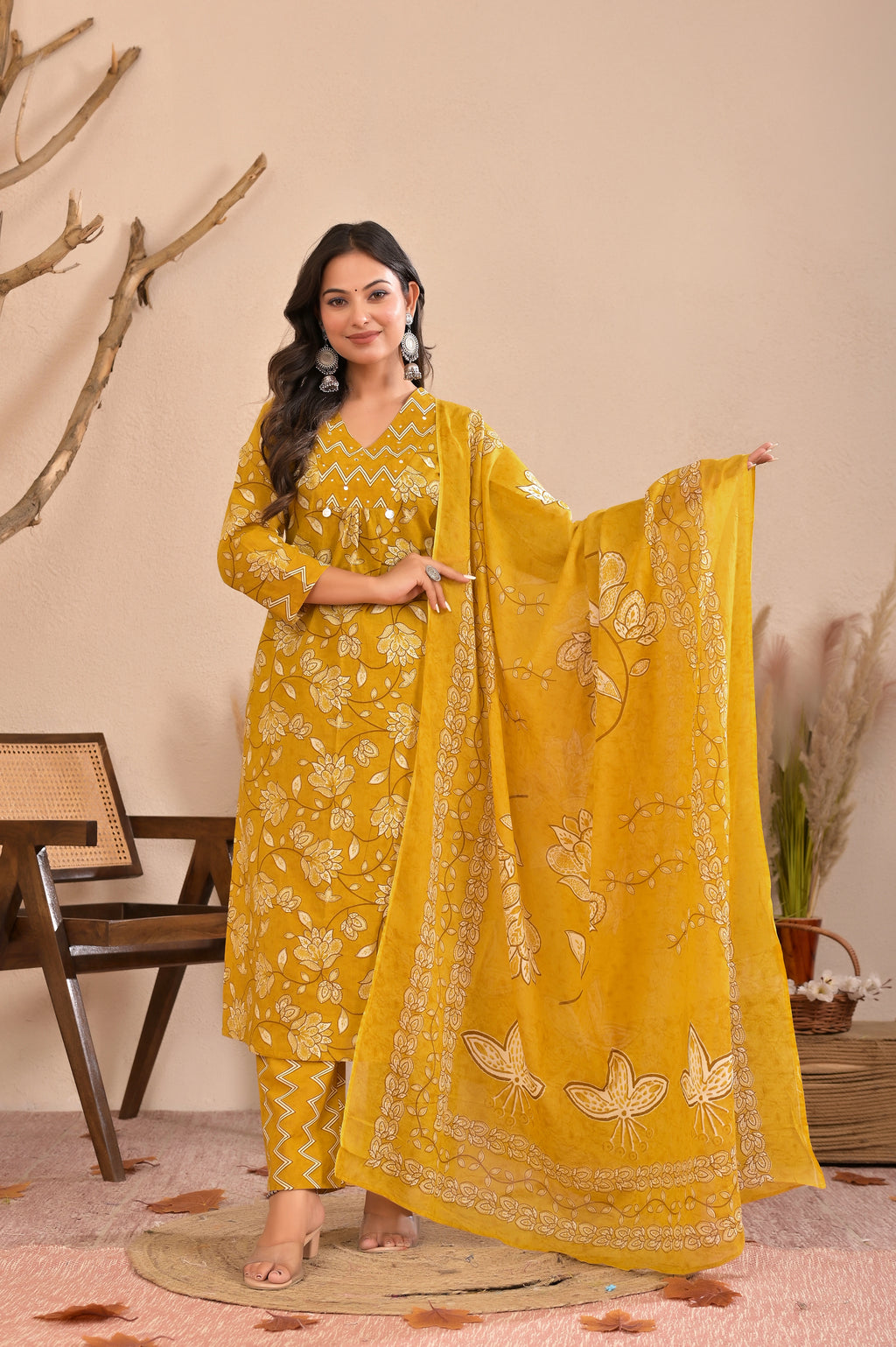 Women’s Straight Printed Kurta Pant Dupatta Set with Handworked Yoke & Tassels