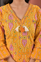 Women’s Straight Printed Kurta Pant Dupatta Set with Neckline Embroidery & Tassels