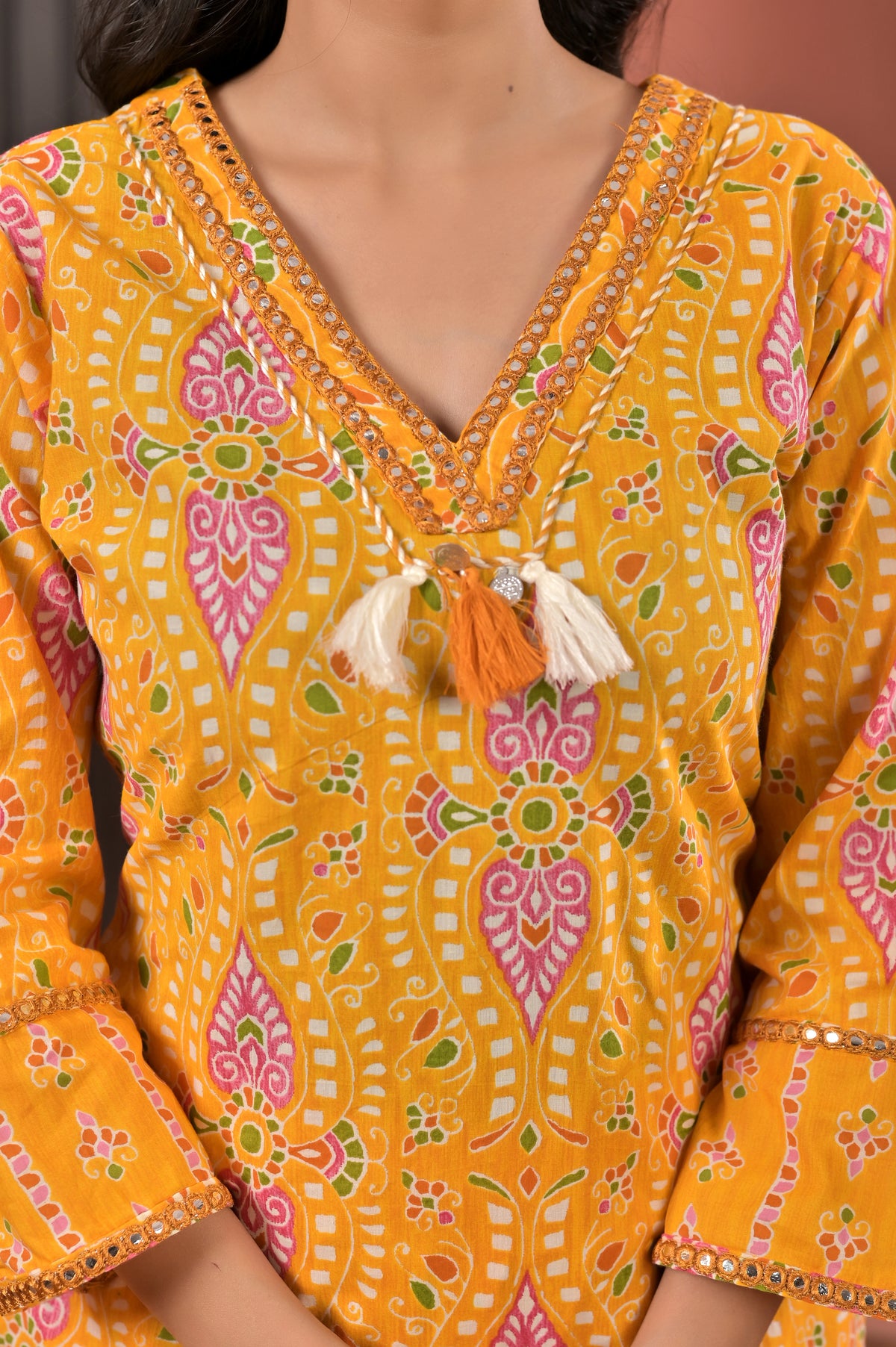 Women’s Straight Printed Kurta Pant Dupatta Set with Neckline Embroidery & Tassels