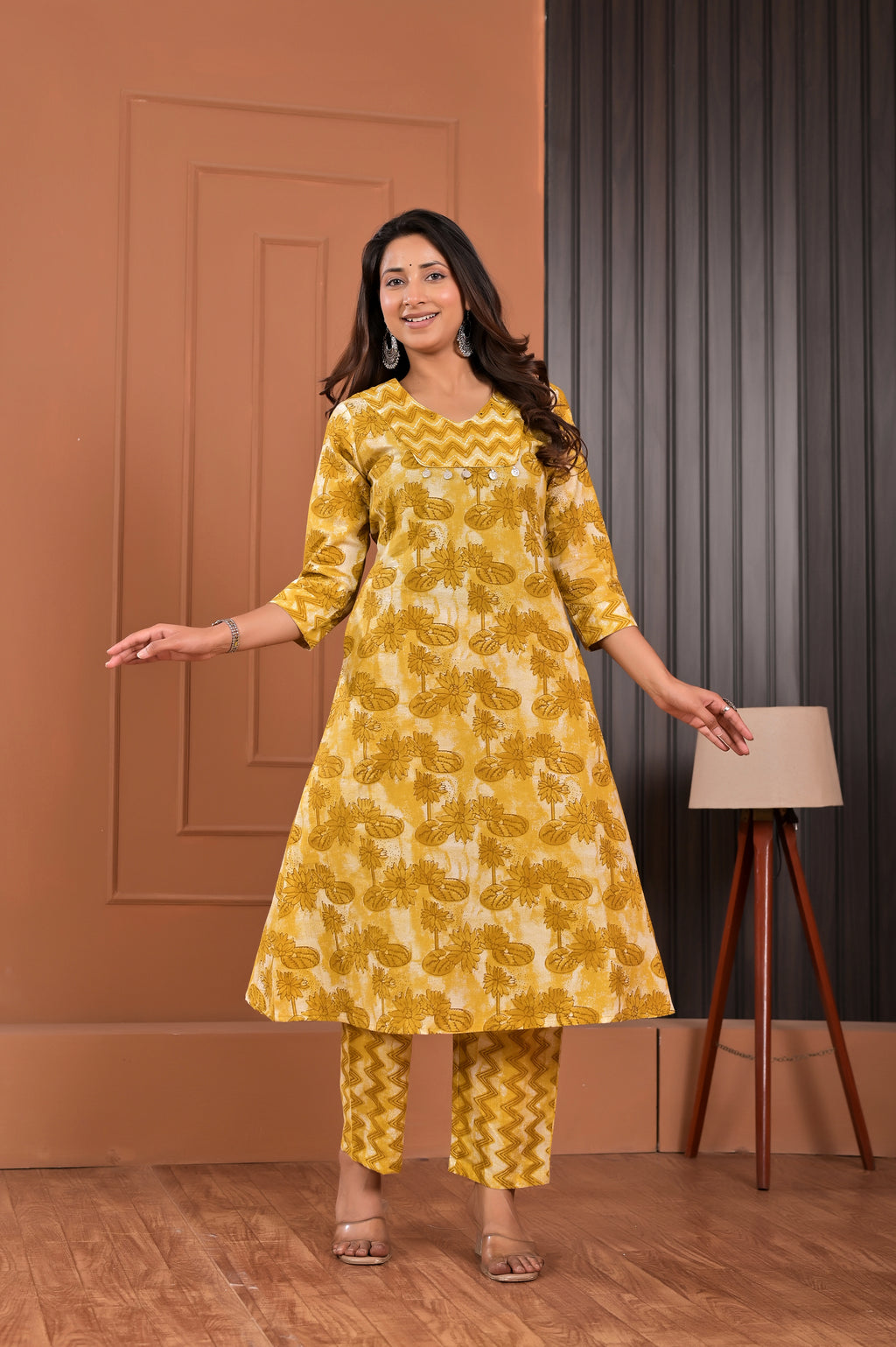 Women’s Printed A-Line Kurta Pant Dupatta Set with Handworked Neckline