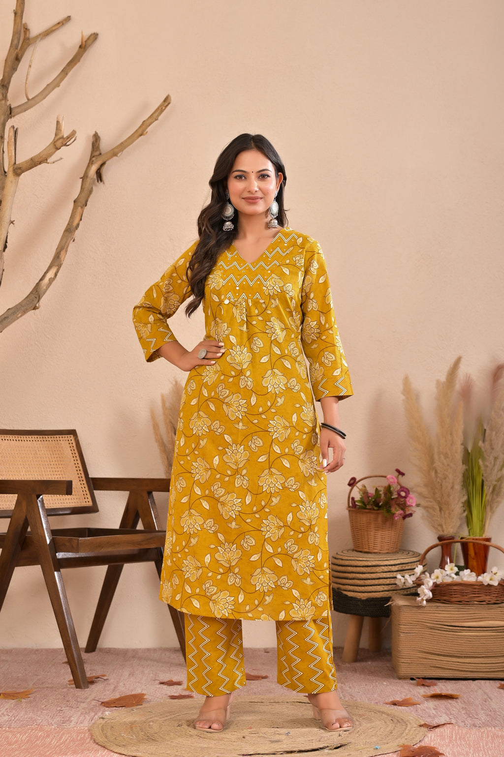 Women’s Straight Printed Kurta Pant Dupatta Set with Handworked Yoke & Tassels