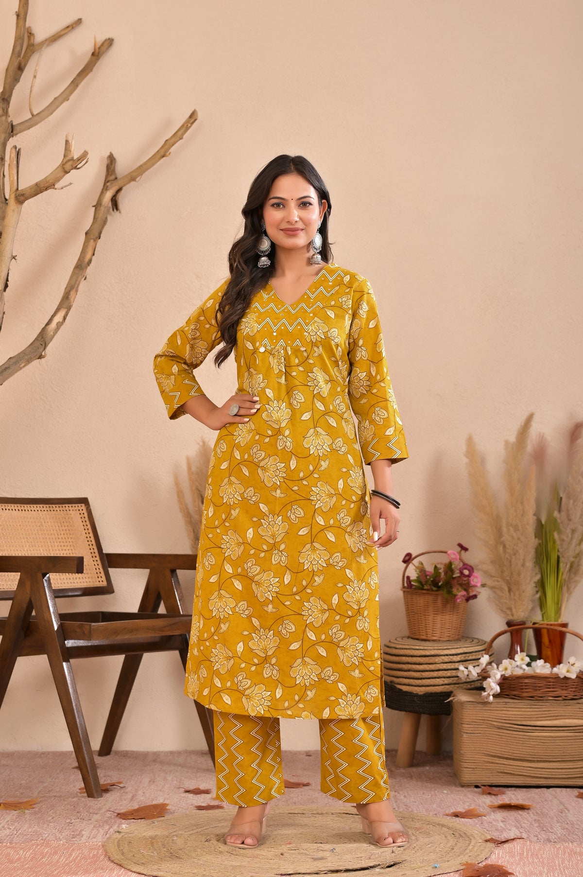 Women’s Straight Printed Kurta Pant Dupatta Set with Handworked Yoke & Tassels