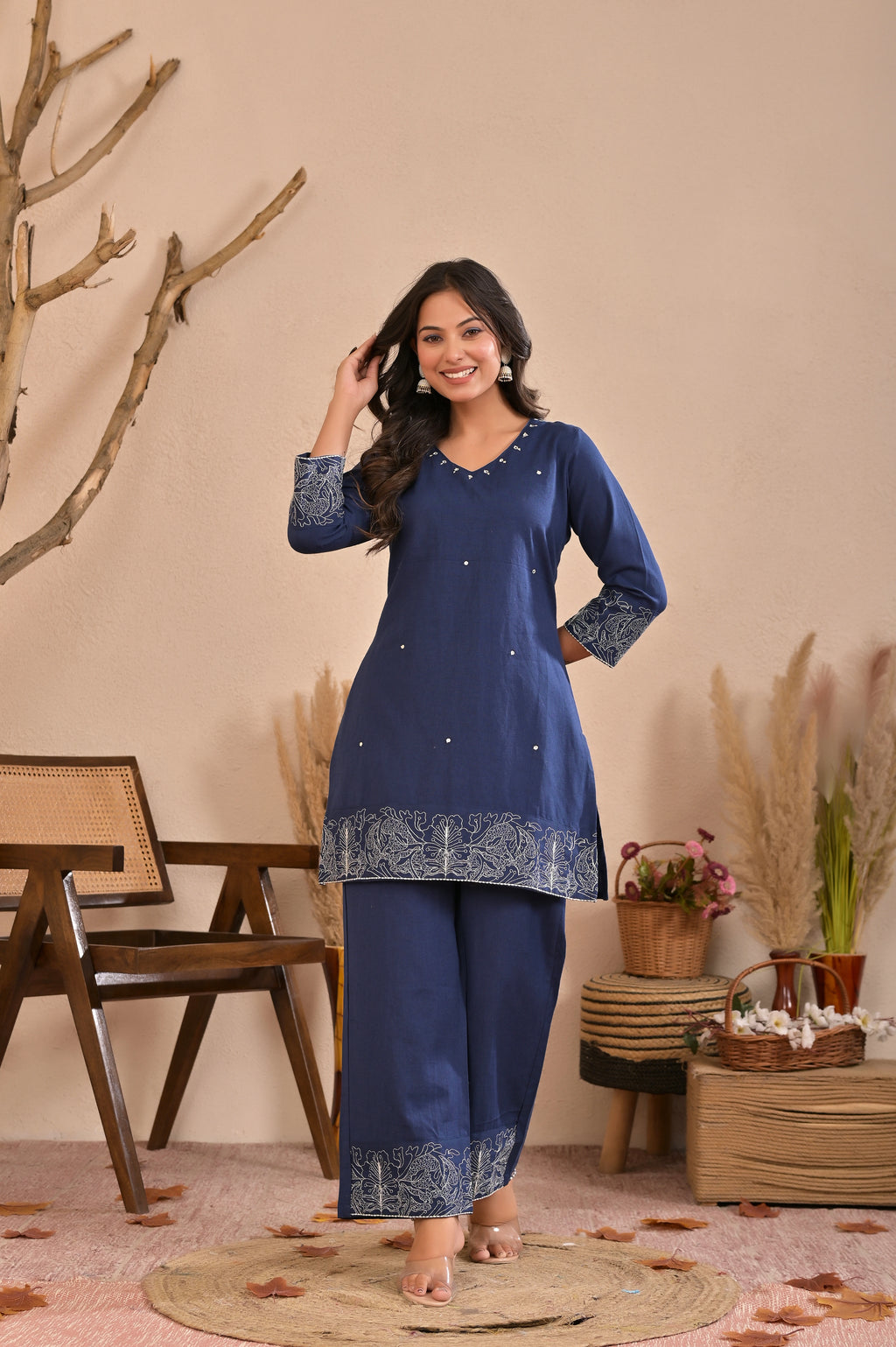 Embroidered Cotton Flex Co-ord Set with Handwork & V-Neck