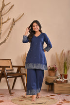 Embroidered Cotton Flex Co-ord Set with Handwork & V-Neck