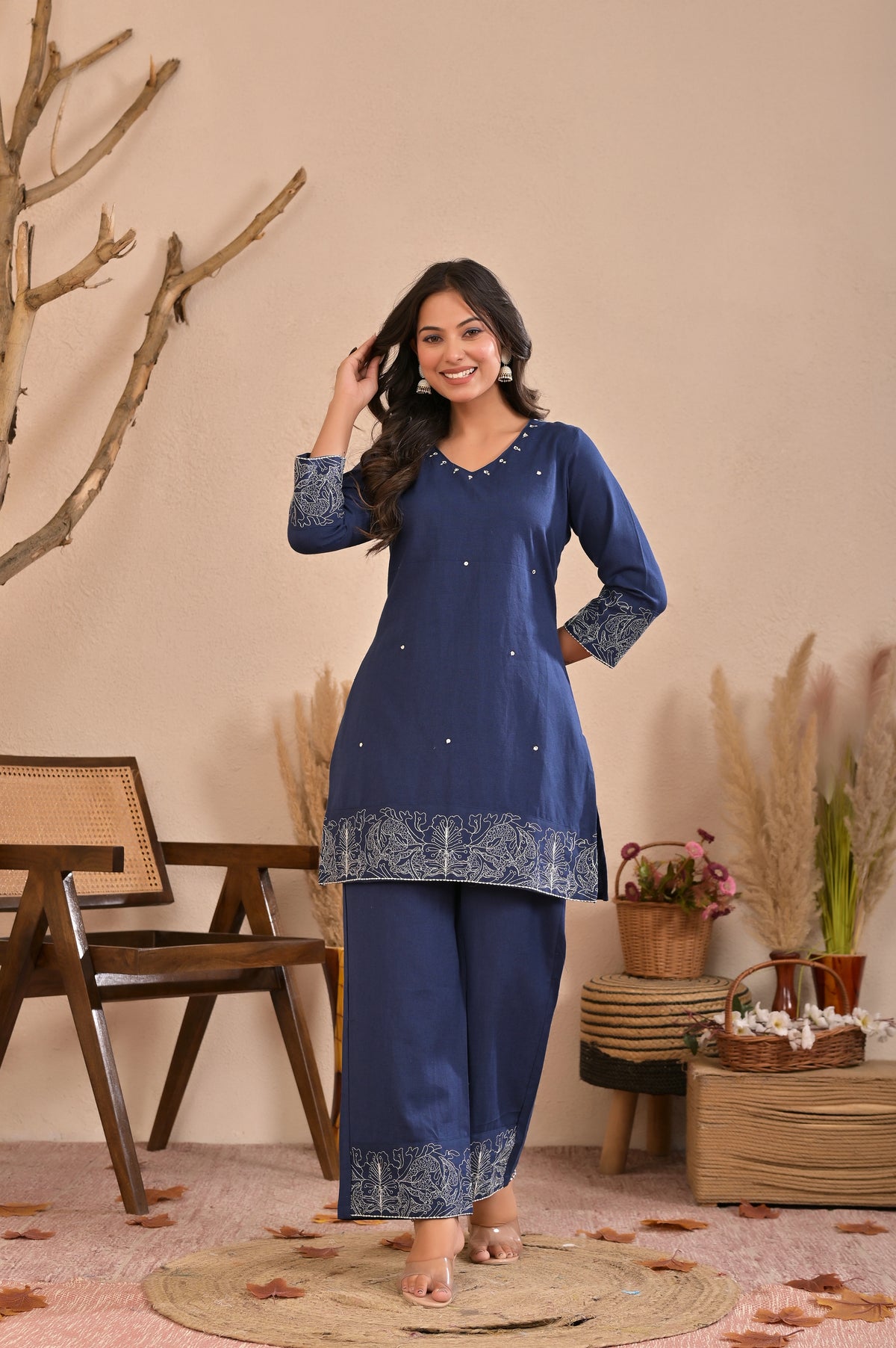 Embroidered Cotton Flex Co-ord Set with Handwork & V-Neck