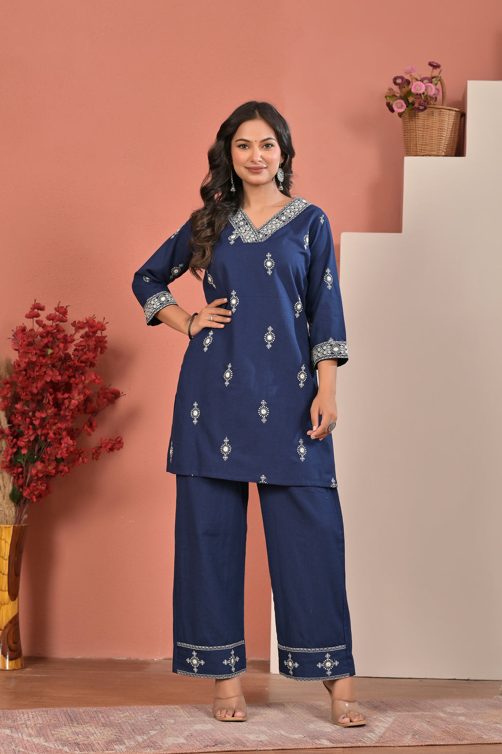 Women’s Cotton Flex Embroidered Kurta Pant Co-ord Set