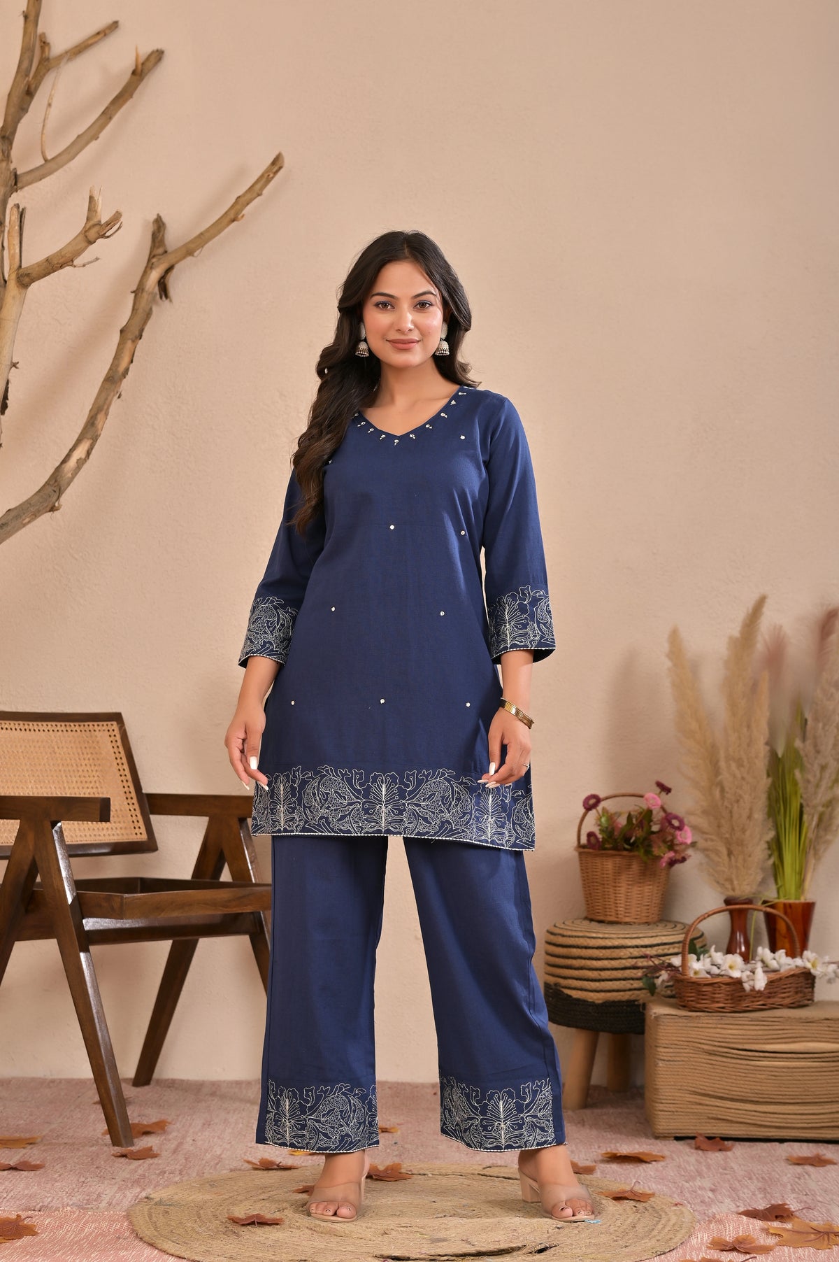Embroidered Cotton Flex Co-ord Set with Handwork & V-Neck
