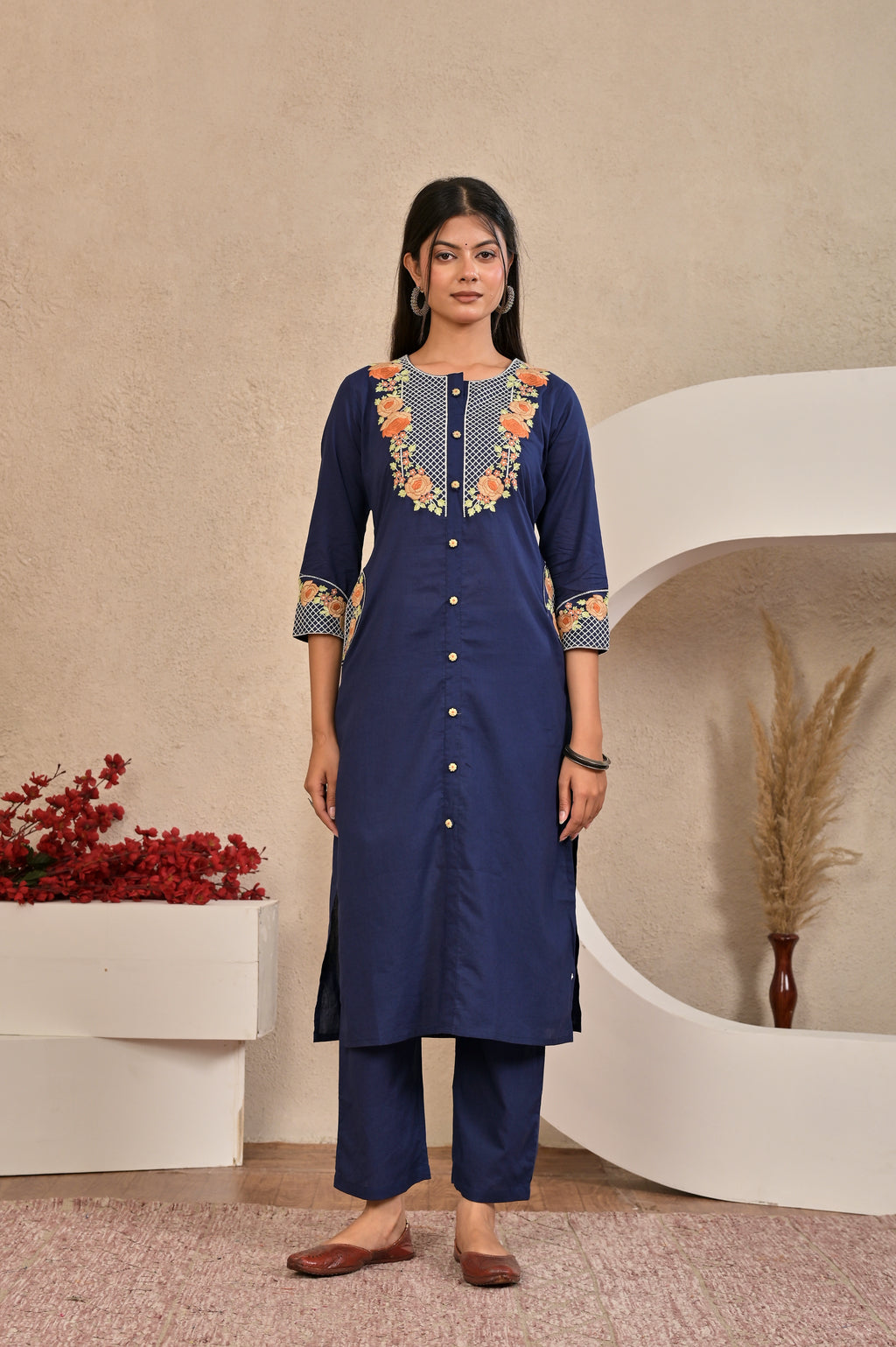 Women’s Embroidered Kurta Set with Floral Yoke & Button Detailing