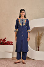 Women’s Embroidered Kurta Set with Floral Yoke & Button Detailing