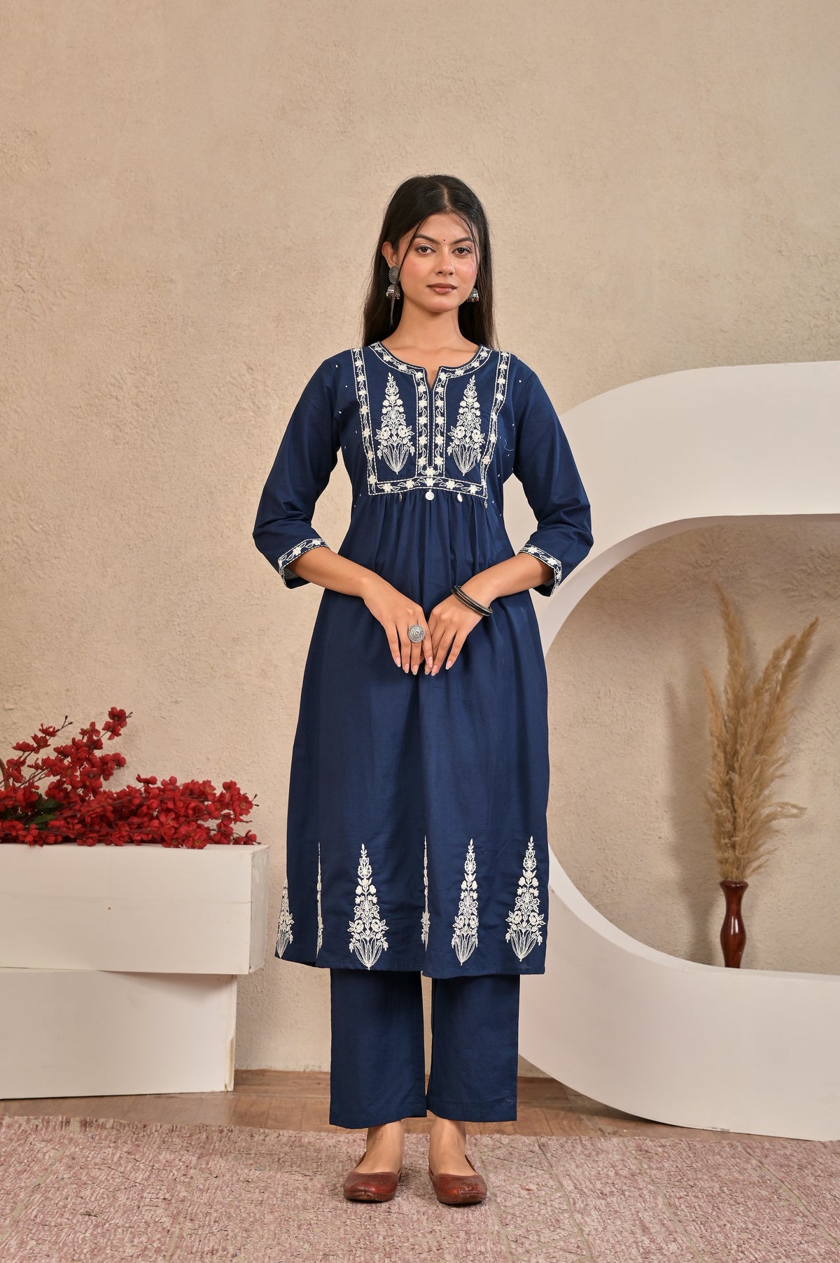 Women’s Embroidered Kurta Pant Dupatta Set with Tassels