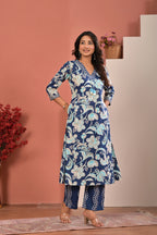 Women’s Floral Print A-Line Kurta Pant Dupatta Set with Handwork