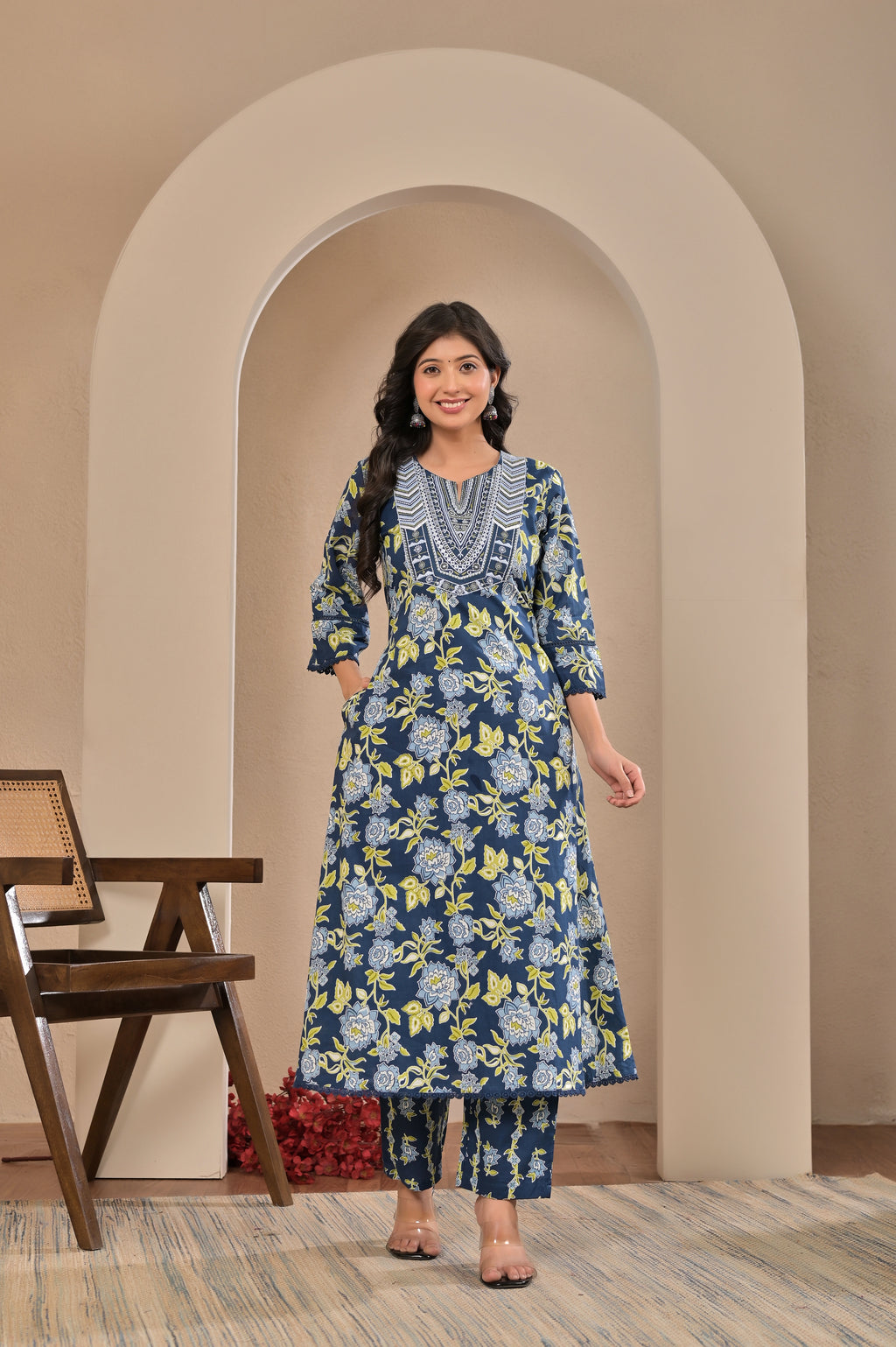 Women’s Floral Print A-Line Kurta Pant Dupatta Set with Embroidered Yoke