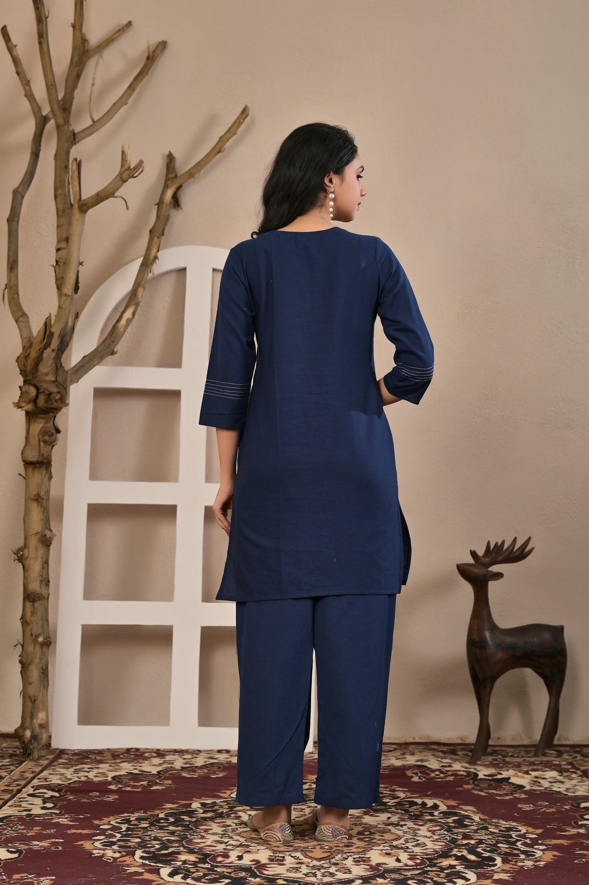 Women’s Floral Embroidered Kurta Pant Co-ord Set with 3/4 Sleeves