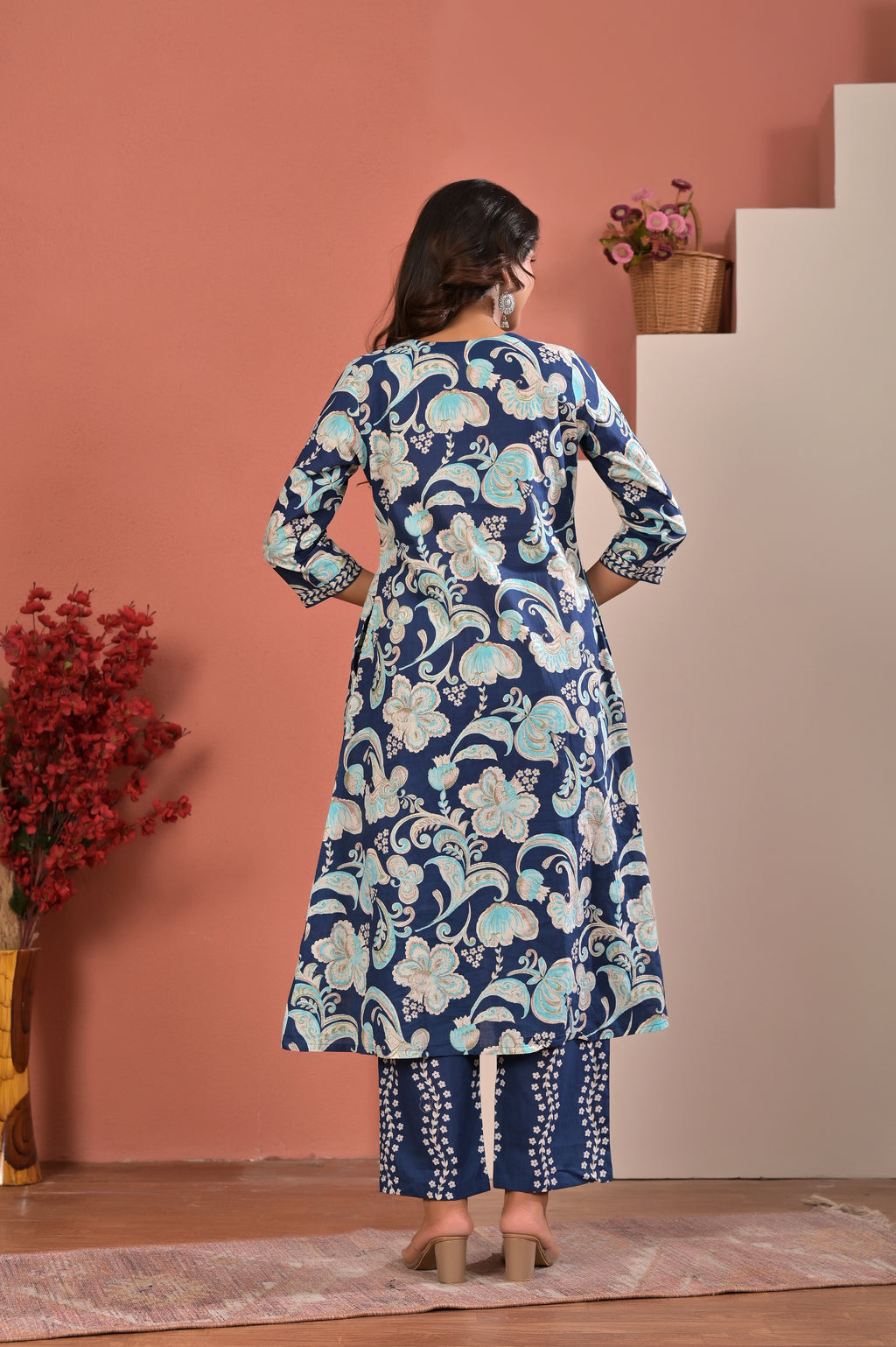Women’s Floral Print A-Line Kurta Pant Dupatta Set with Handwork