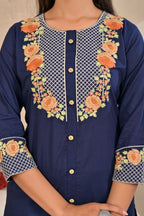 Women’s Embroidered Kurta Set with Floral Yoke & Button Detailing